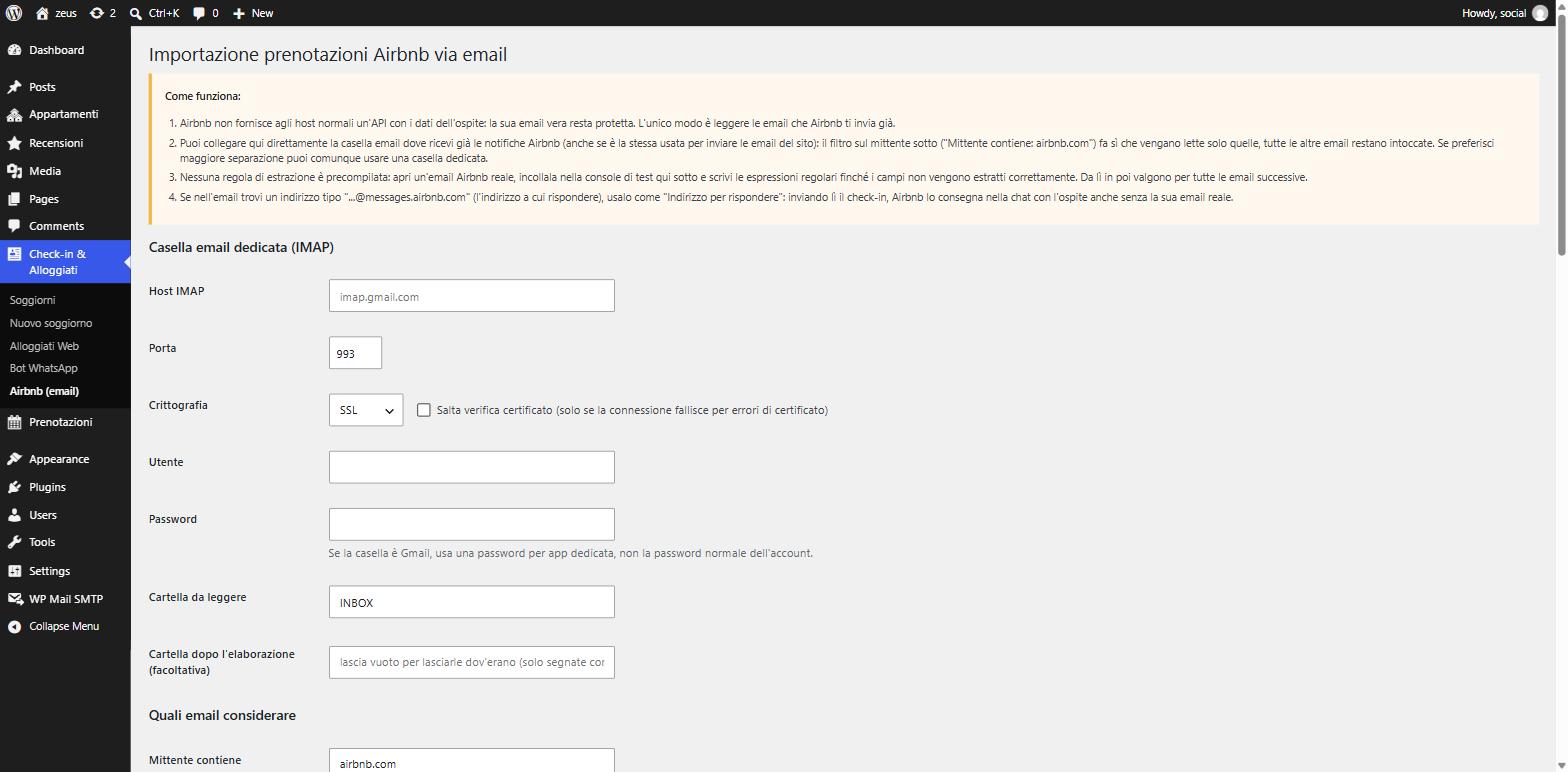 Impostazioni di importazione prenotazioni Airbnb via email (IMAP)