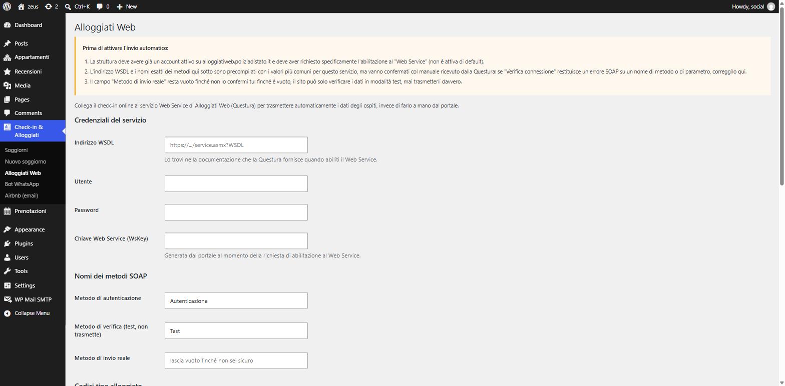 Schermata impostazioni credenziali Alloggiati Web