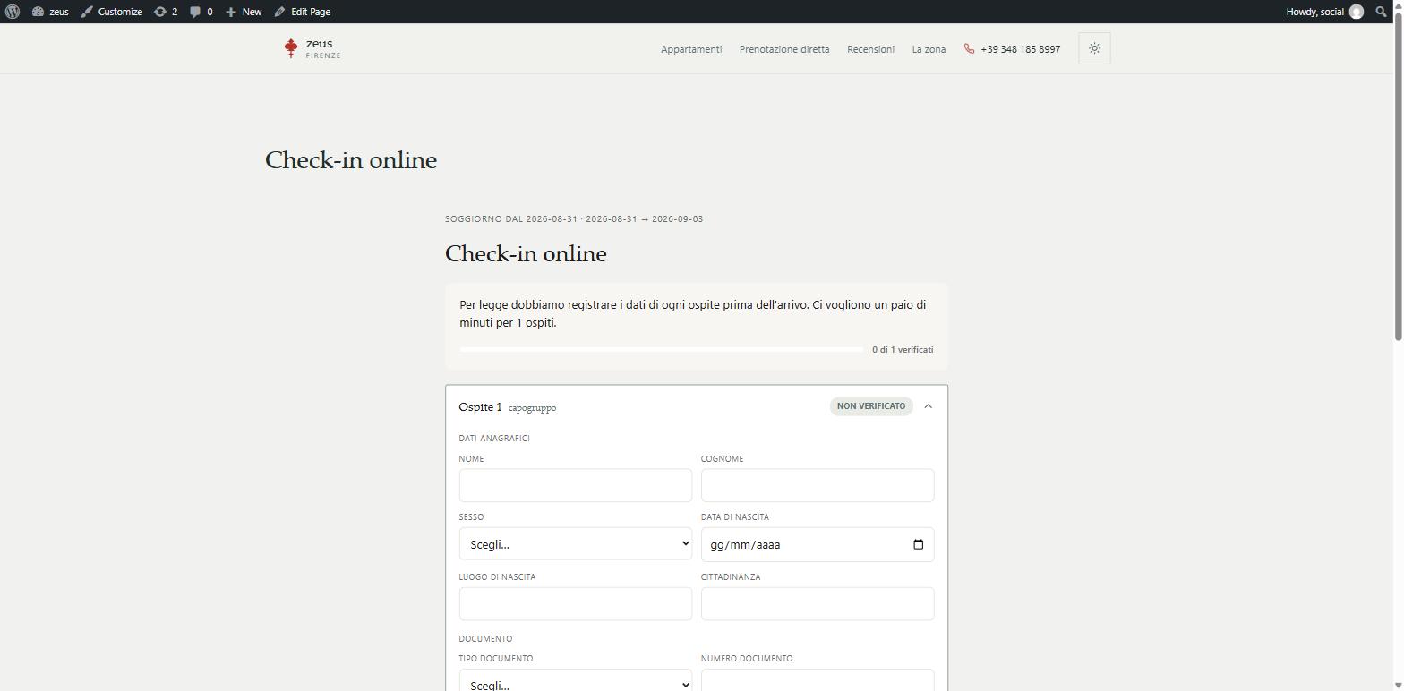 Form pubblico di check-in online compilato dall'ospite