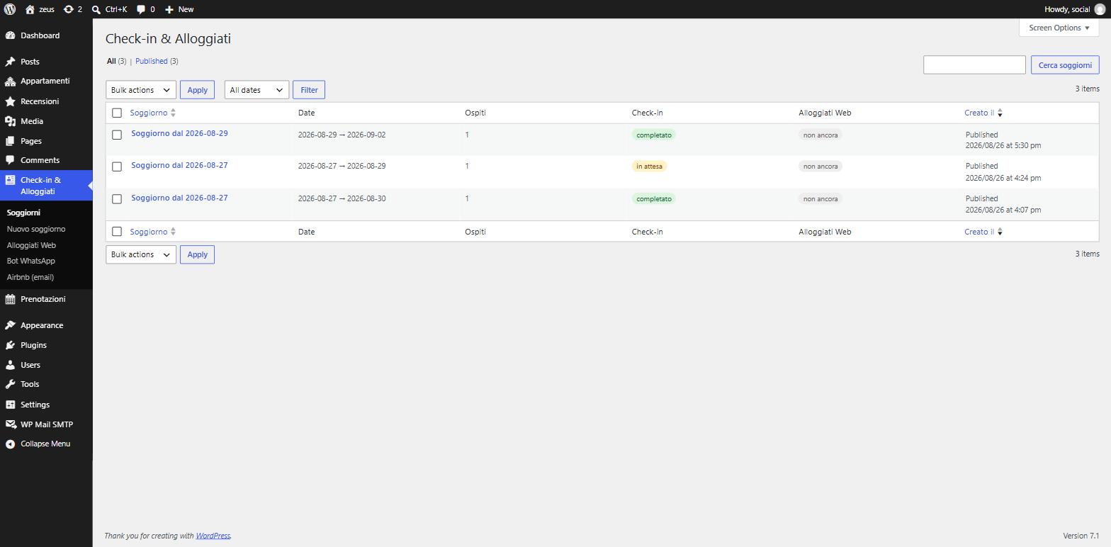 Lista soggiorni in wp-admin con badge di stato