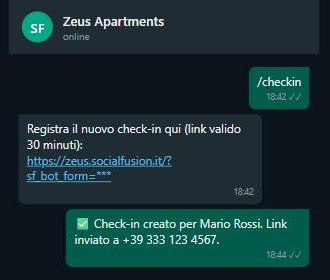 Conversazione WhatsApp con il bot: /checkin, risposta con link, conferma di creazione